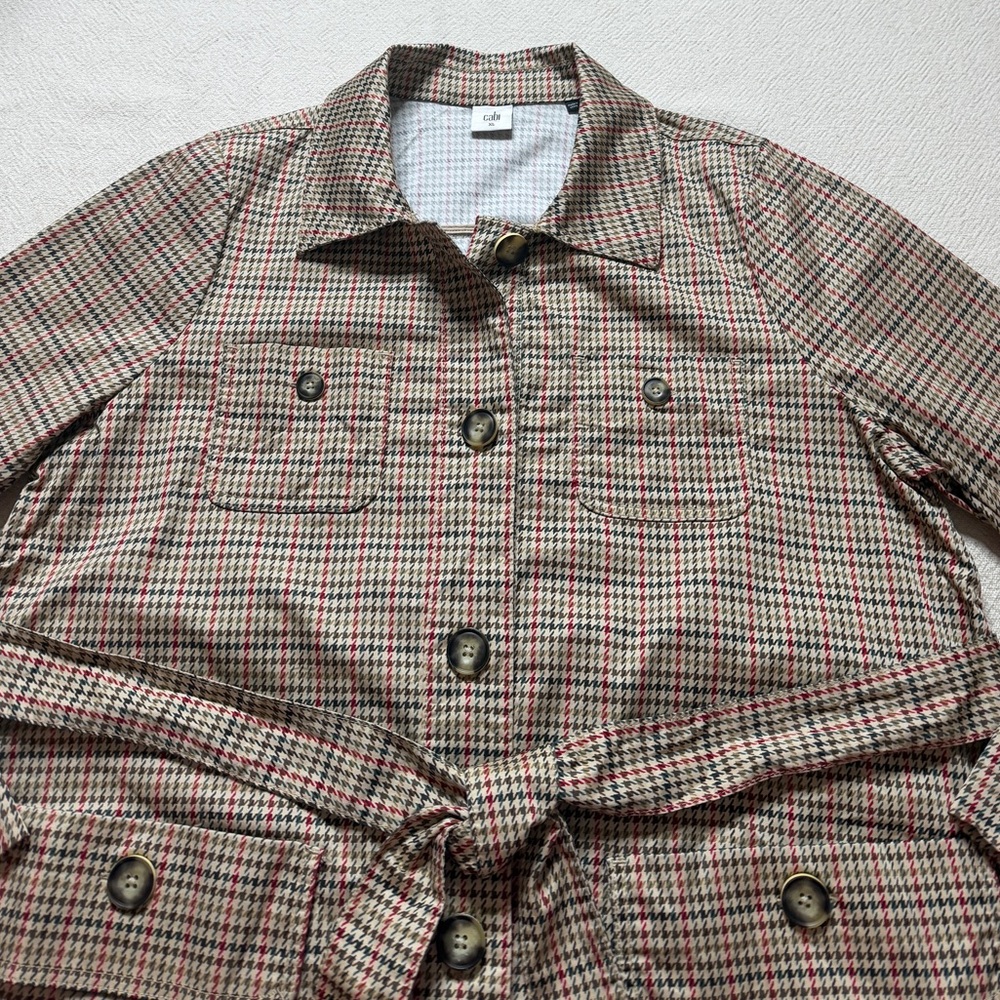 Cabi Houndstooth Print Beige Trench Coat Belted XL Preppy Spring - Picture 4 of 9